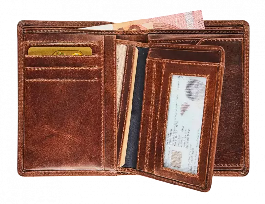 BRUIN LEDEREN PORTEFEUIILLE MET UITNEEMBARE KAARTHOUDER