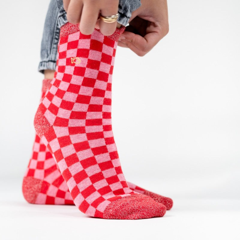 VROUWENSOKKEN - CHECKED RED & PINK