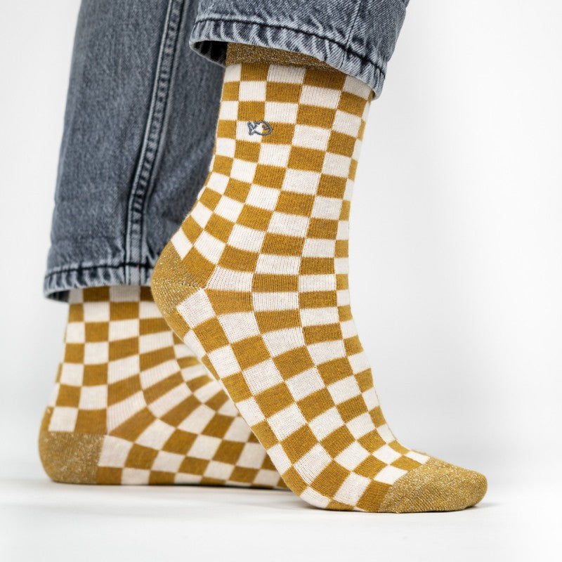 VROUWENSOKKEN - CHECKED YELLOW & WHITE