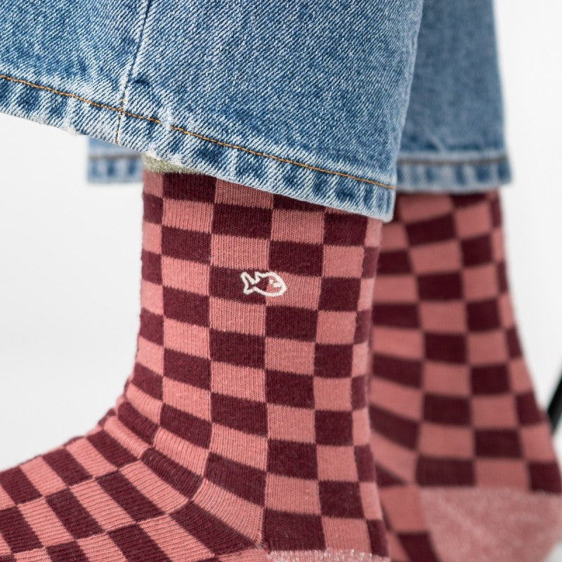 VROUWENSOKKEN - CHECKED BURGUNDY & PINK