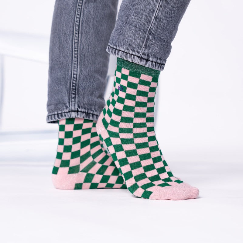 VROUWENSOKKEN - CHECKED GREEN & PINK