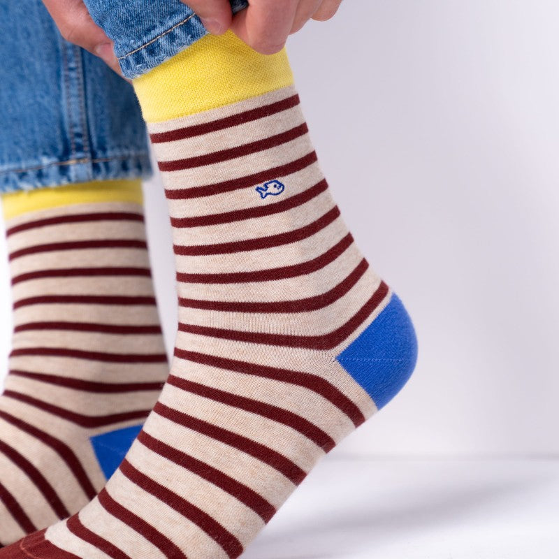 SOKKEN WIDE STRIPES - BEIGE & BURGUNDY
