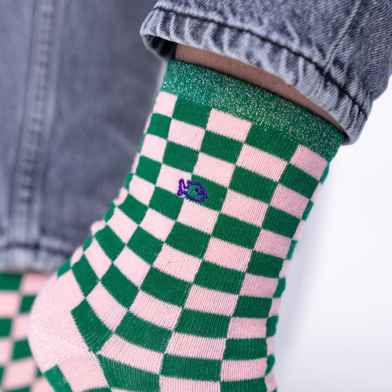 VROUWENSOKKEN - CHECKED GREEN & PINK