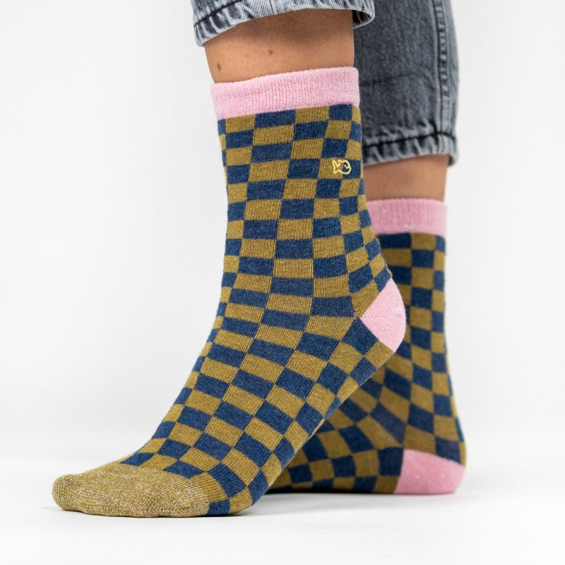 VROUWENSOKKEN - CHECKED KHAKI & BLUE