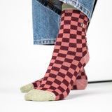 VROUWENSOKKEN - CHECKED BURGUNDY & PINK