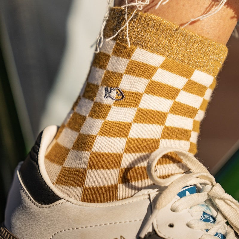 VROUWENSOKKEN - CHECKED YELLOW & WHITE