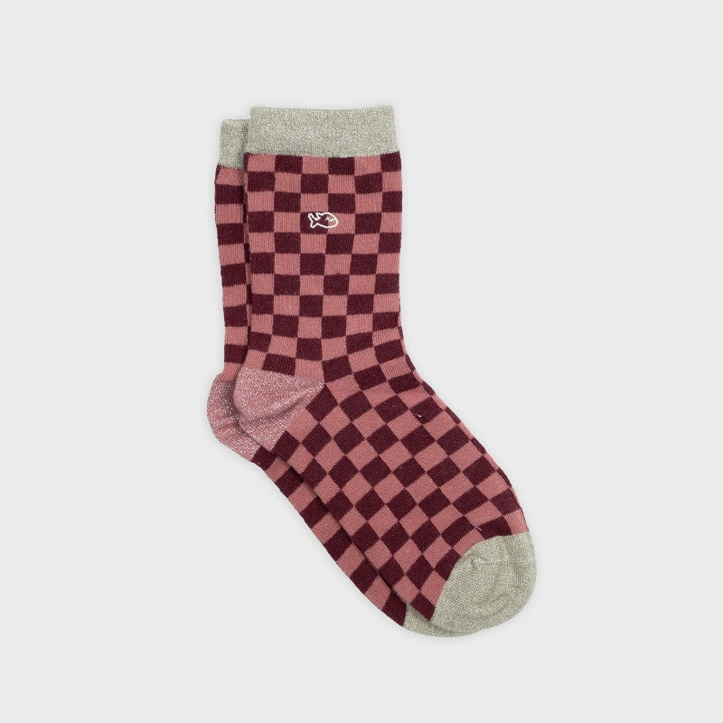 VROUWENSOKKEN - CHECKED BURGUNDY & PINK