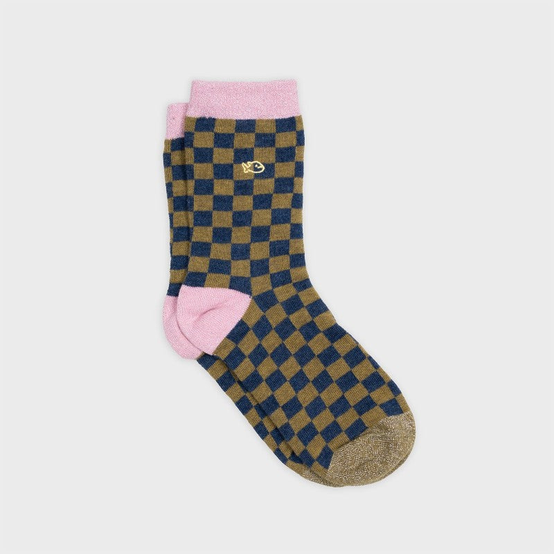 VROUWENSOKKEN - CHECKED KHAKI & BLUE